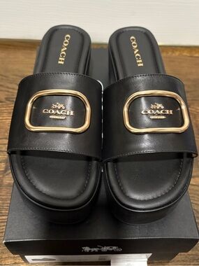 Coach Black Leather Slide Sandals with Gold-Tone Logo Accent